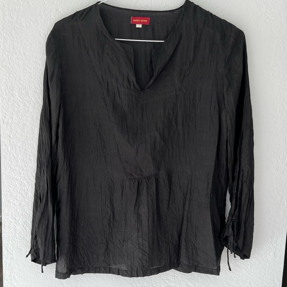Bianco Levrin Black Long Sleeve Silk Blouse Top Size M Medium Crinkle - Picture 7 of 10